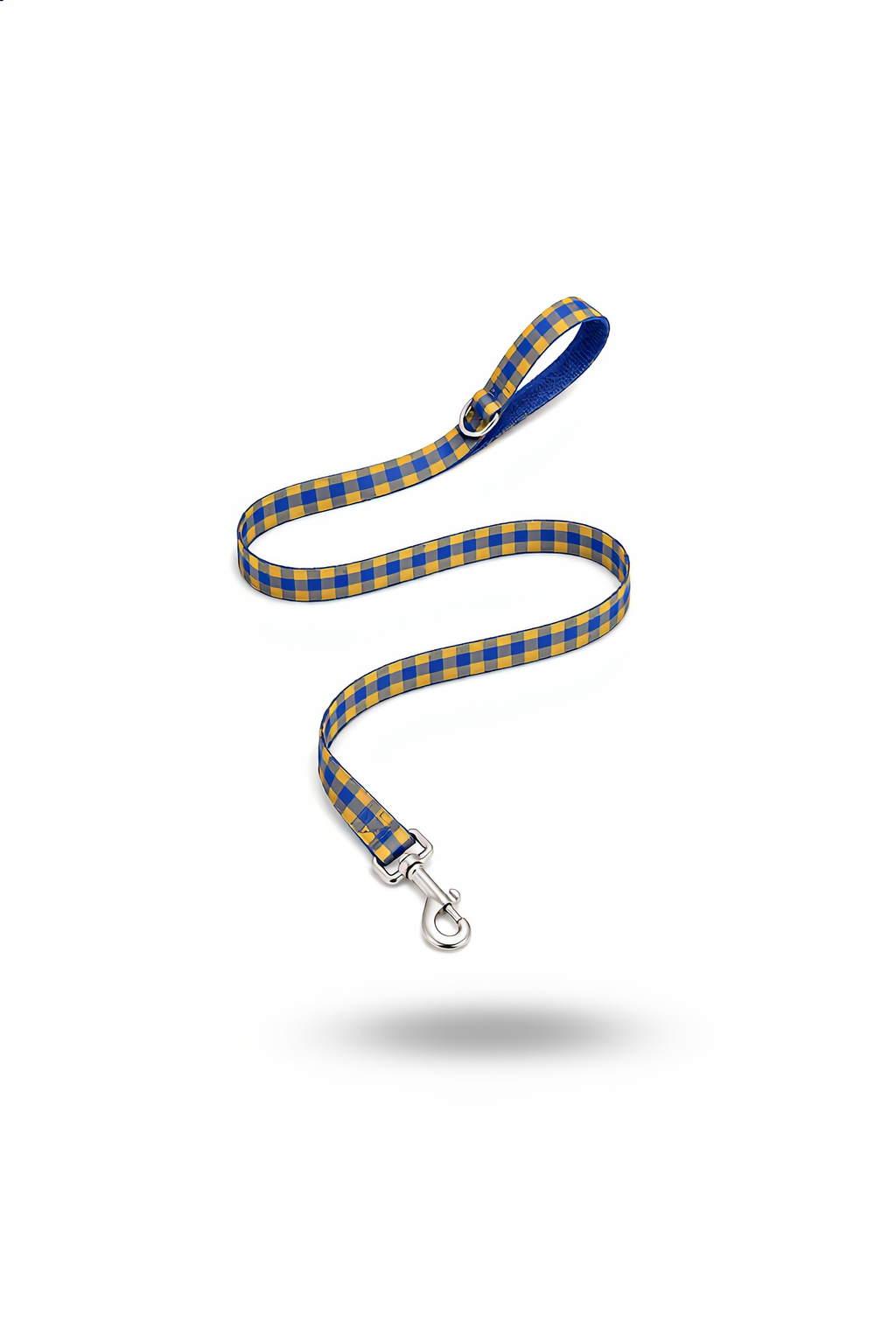 Blue and yellow checkered dog leash on a white background