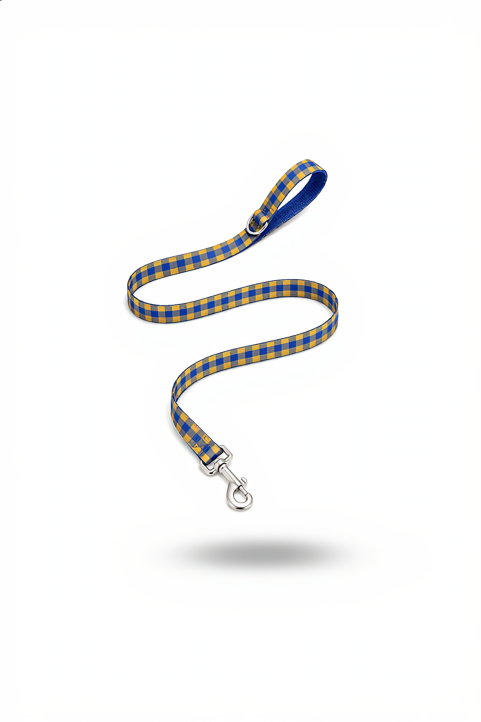 Blue and yellow checkered dog leash on a white background