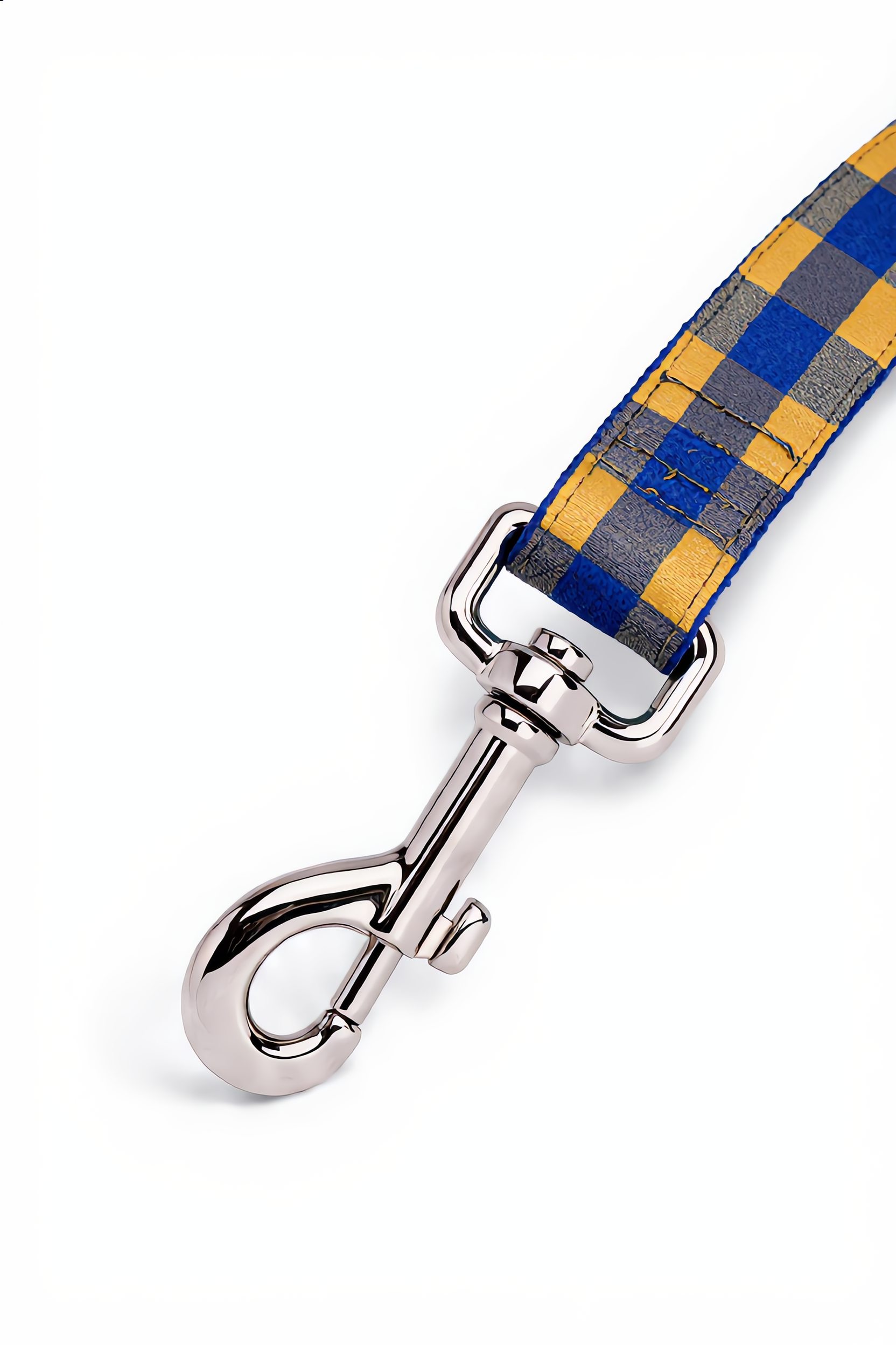 Dog leash with checkered pattern and metal clip on a white background