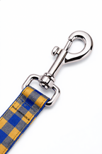Dog leash with checkered pattern and metal clip on a white background