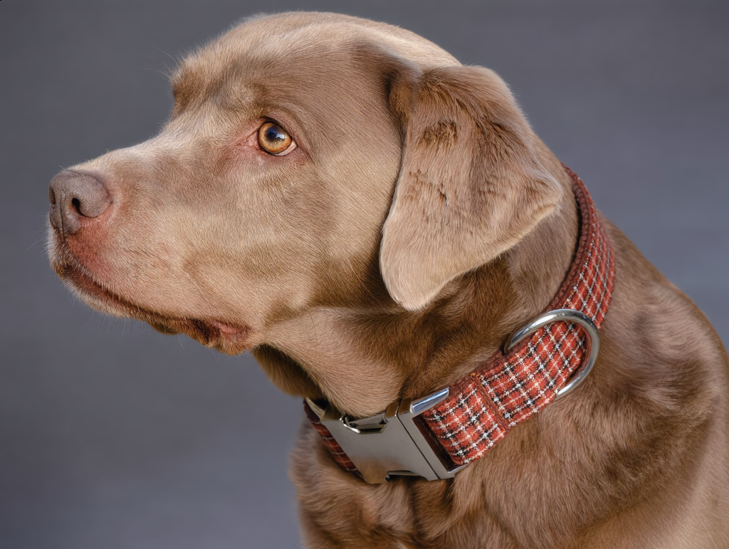 Brown dog wearing a red plaid collar on a gray background