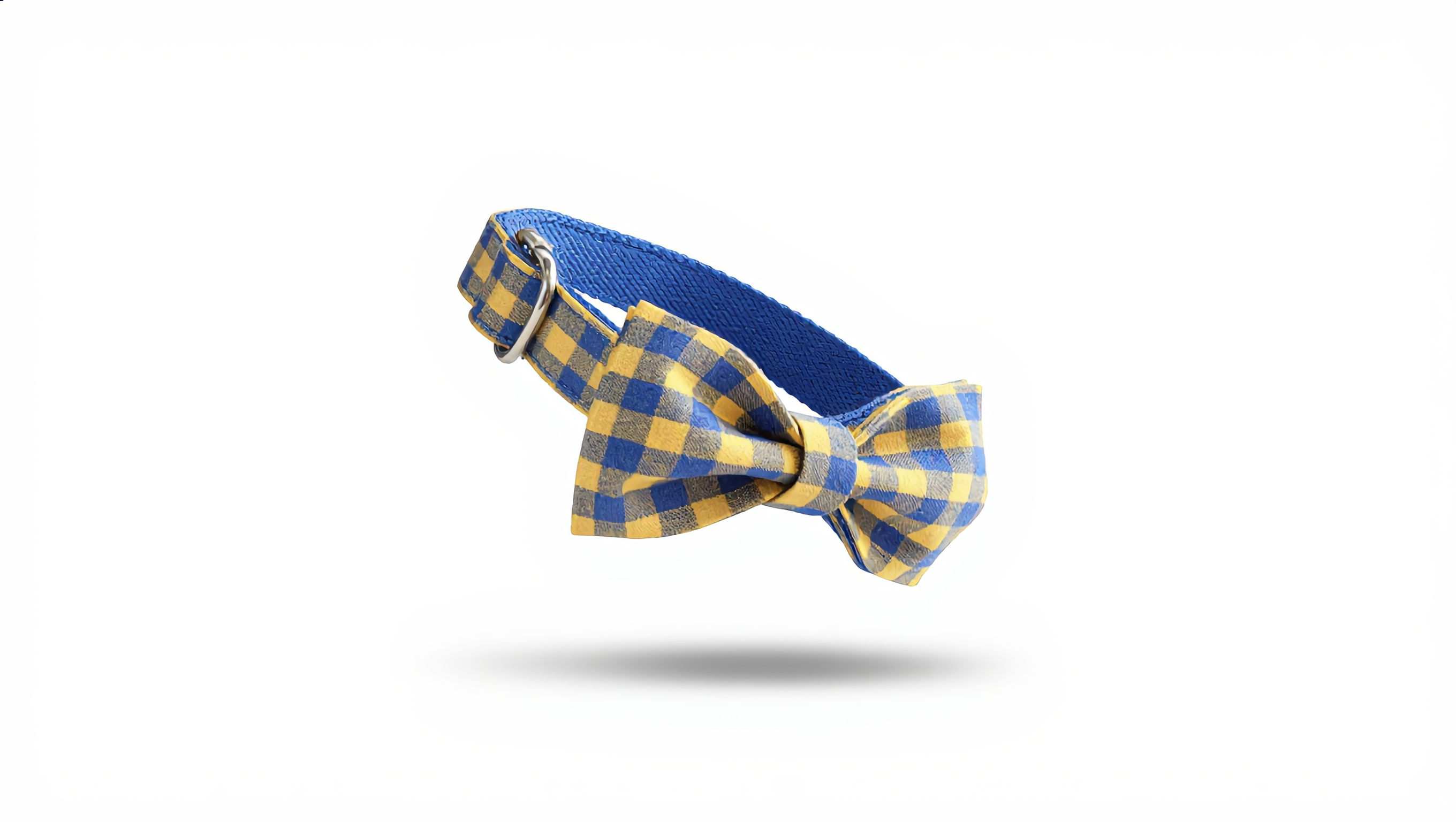 Blue and yellow checkered bow tie on a white background