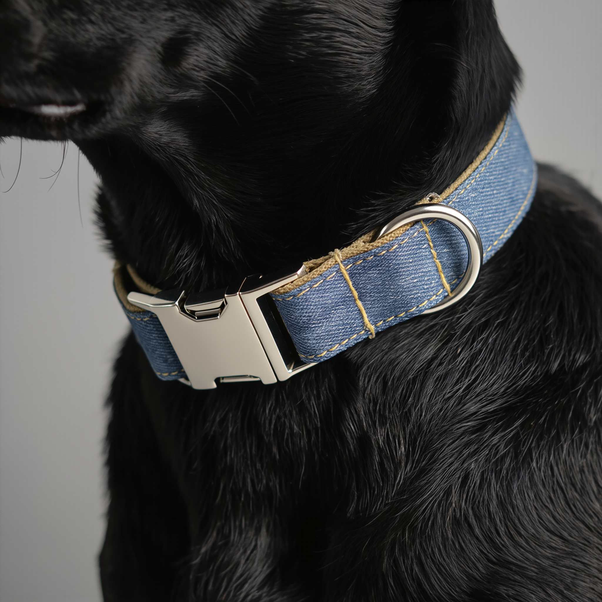 Black dog wearing a blue collar with a metal buckle on a gray background