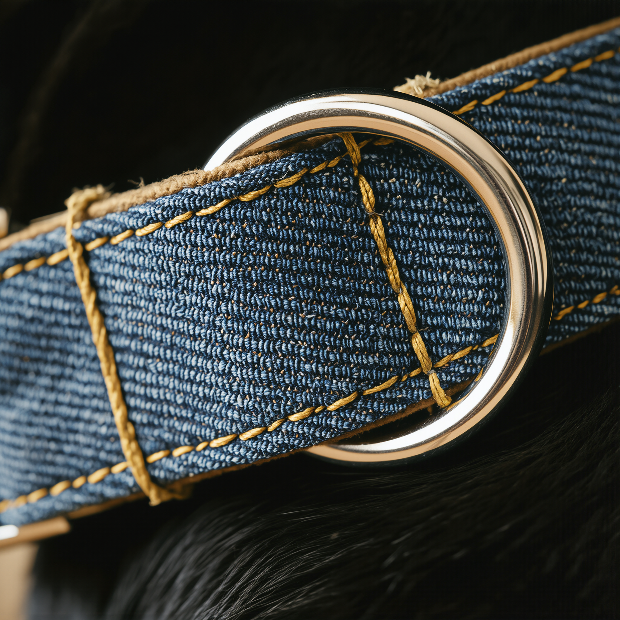 Close-up of a blue denim belt with a silver buckle on a dark background