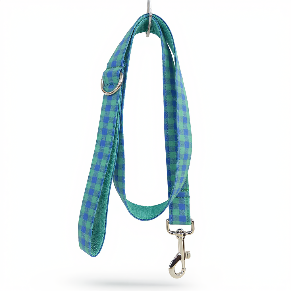 Green and blue plaid dog leash with metal clip on a white background