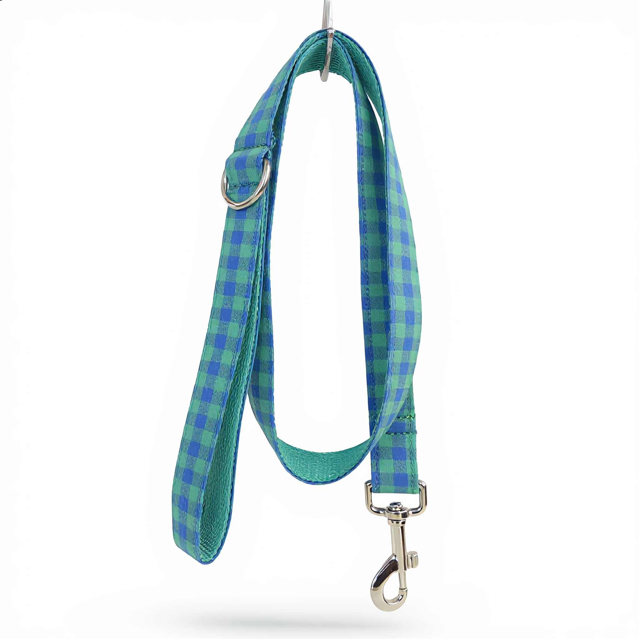 Green and blue plaid dog leash with metal clip on a white background