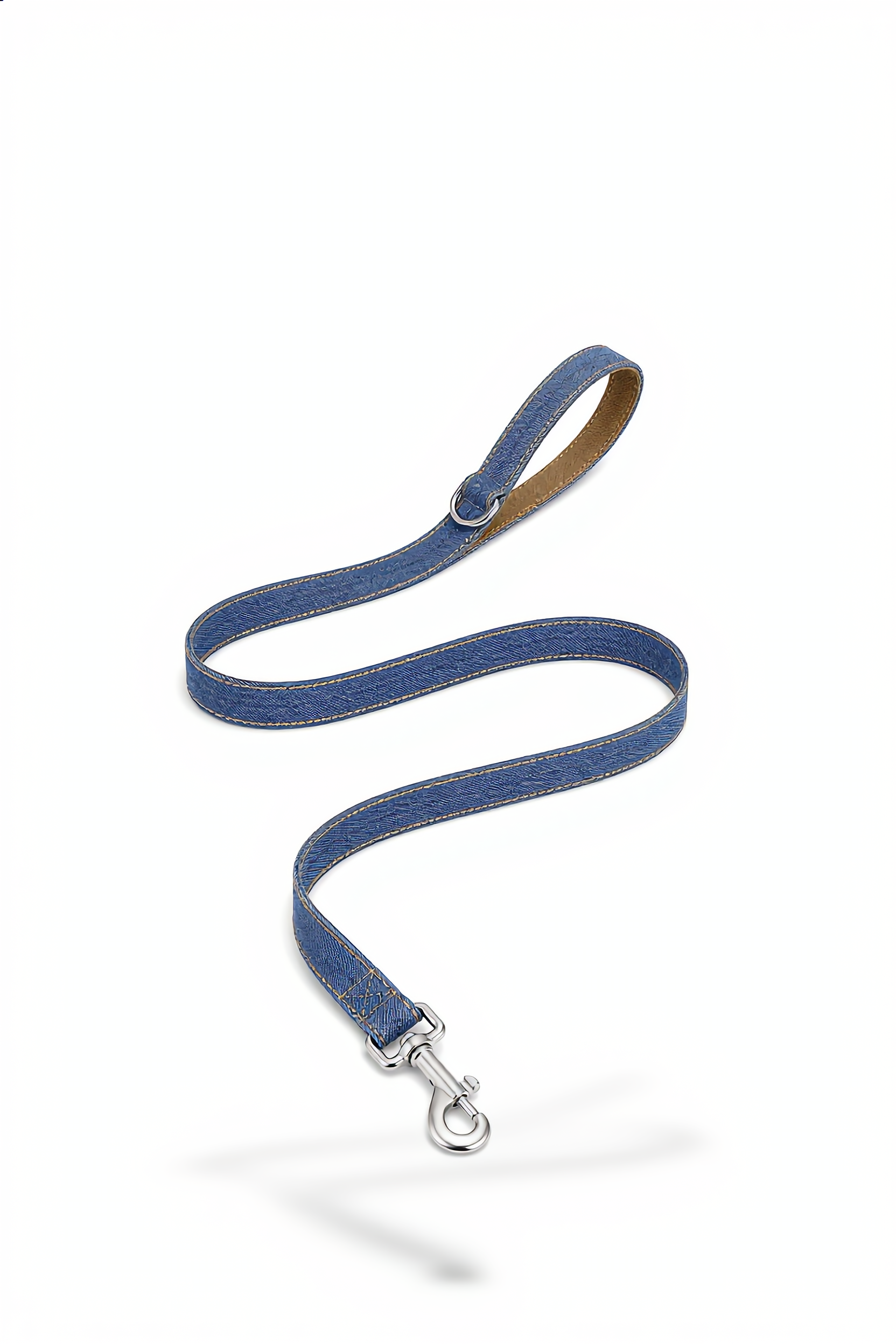 Blue dog leash with metal clip on a white background