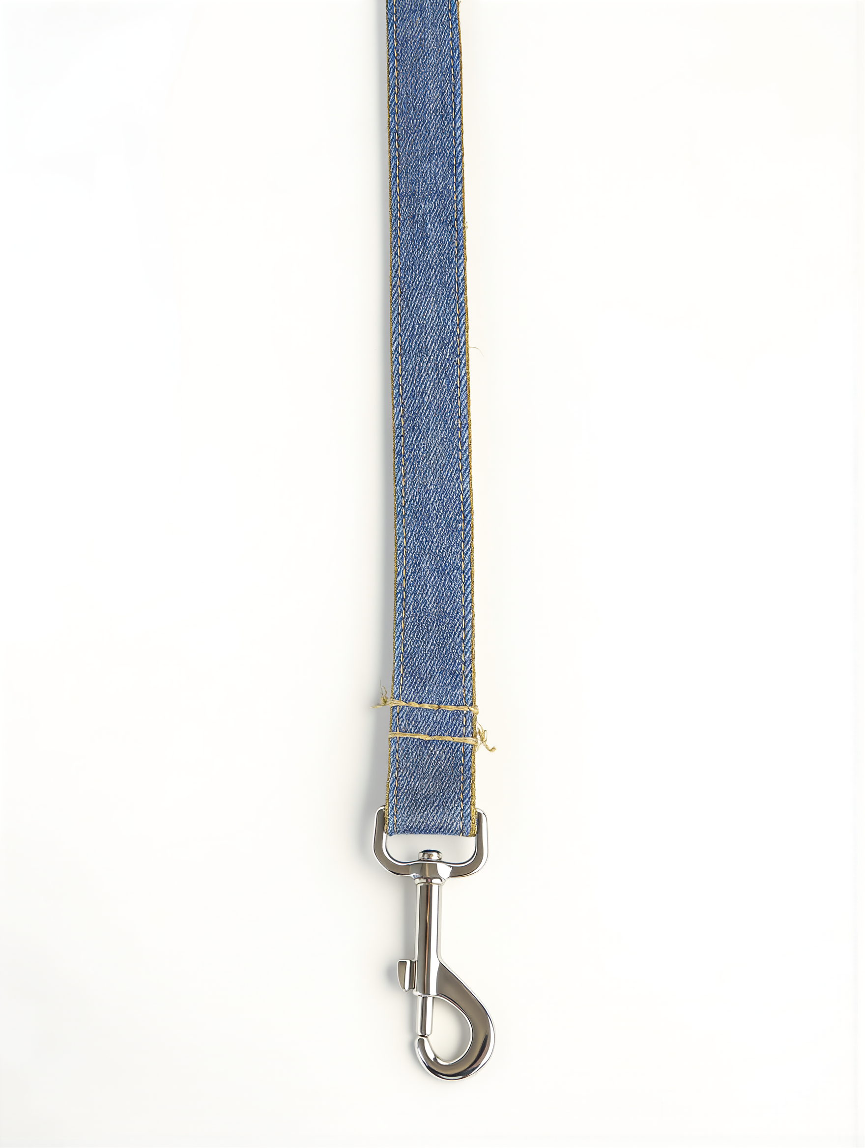 Blue denim dog leash with metal clip on a white background
