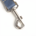 Dog leash with blue fabric and silver metal clip on a white background