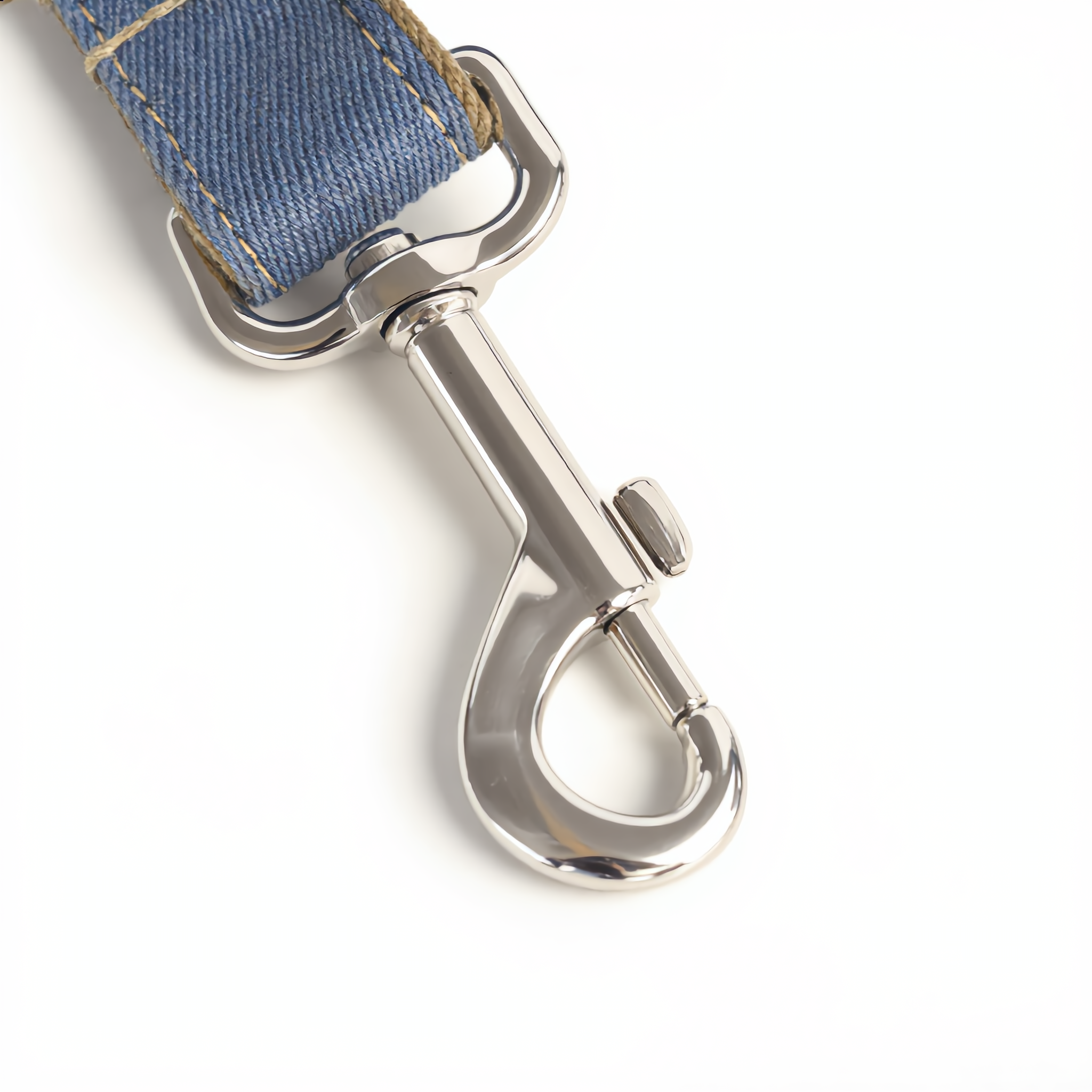 Dog leash with blue fabric and silver metal clip on a white background