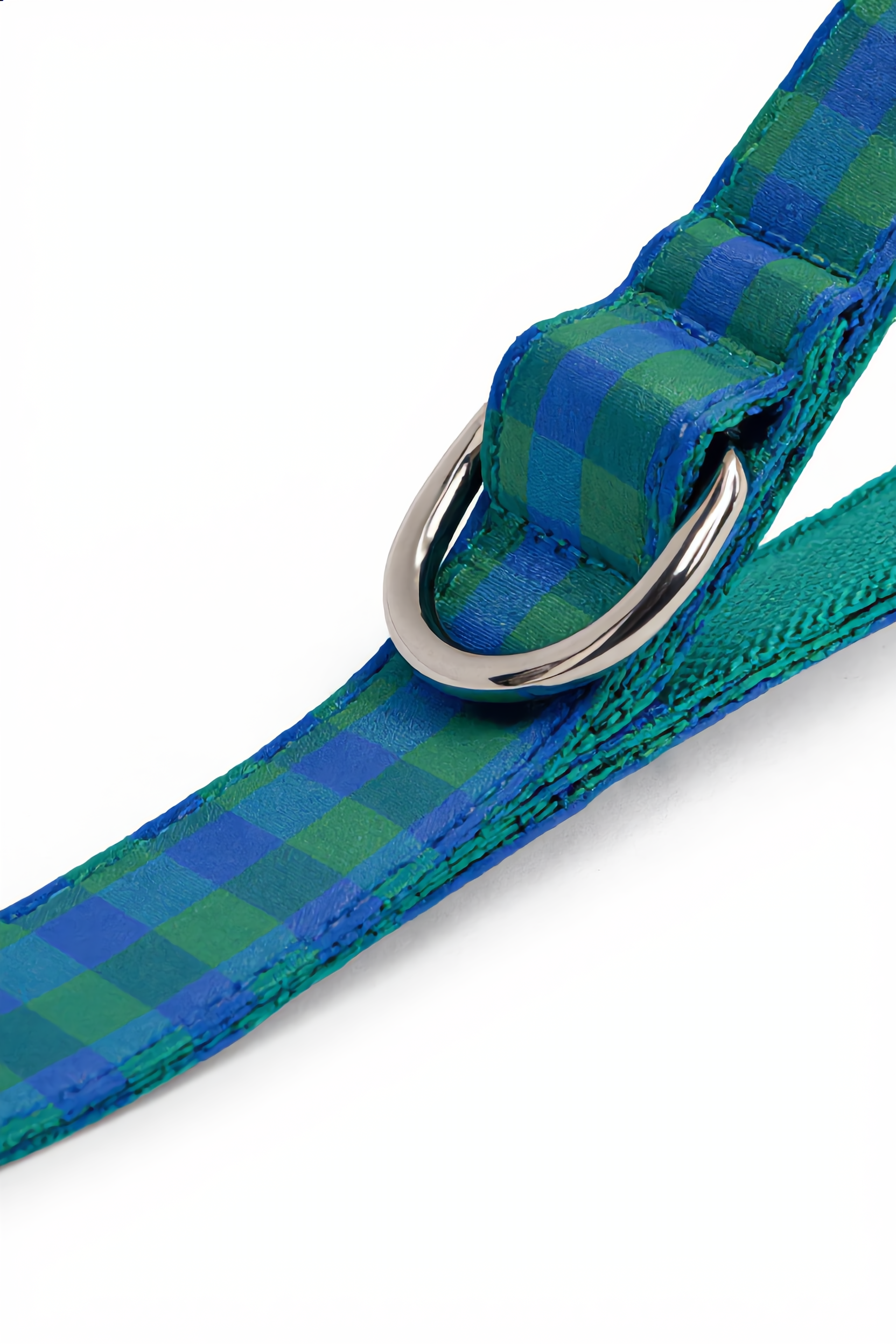 Green and blue checkered dog collar with a silver buckle on a white background