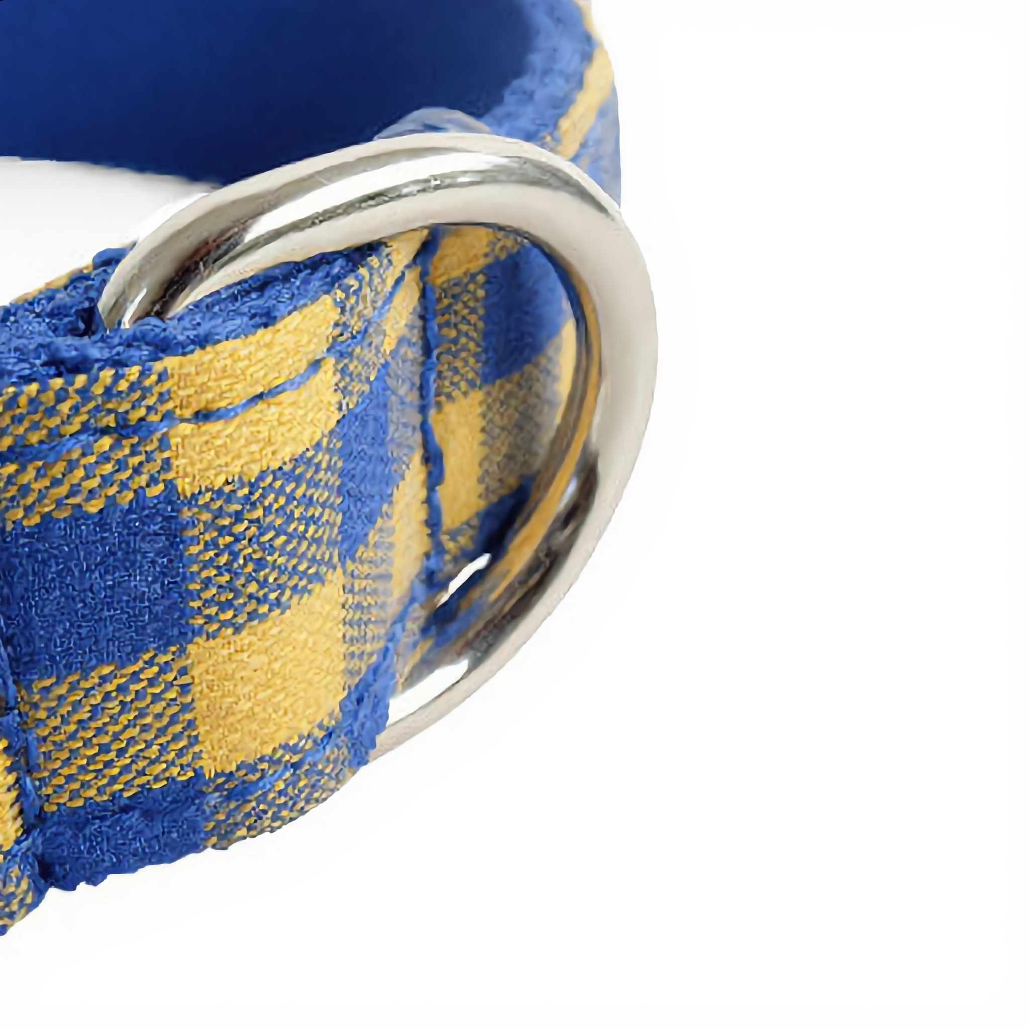 Close-up of a blue and yellow checkered dog collar with a silver buckle on a white background
