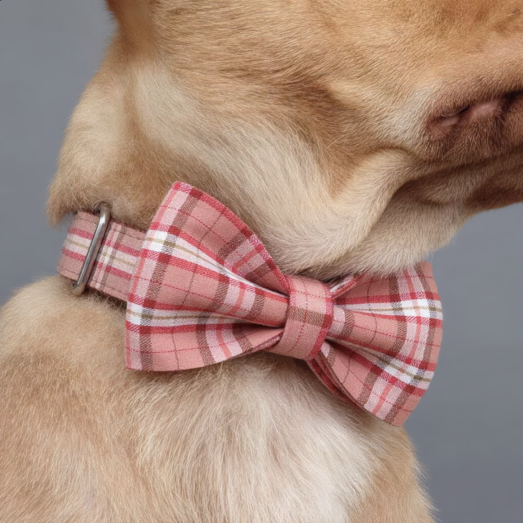 Dog wearing a red plaid bow tie on a gray background dog collar