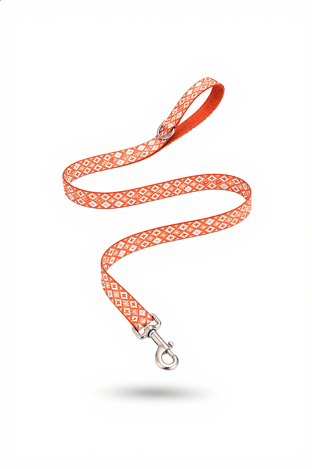 Orange patterned dog leash on a white background