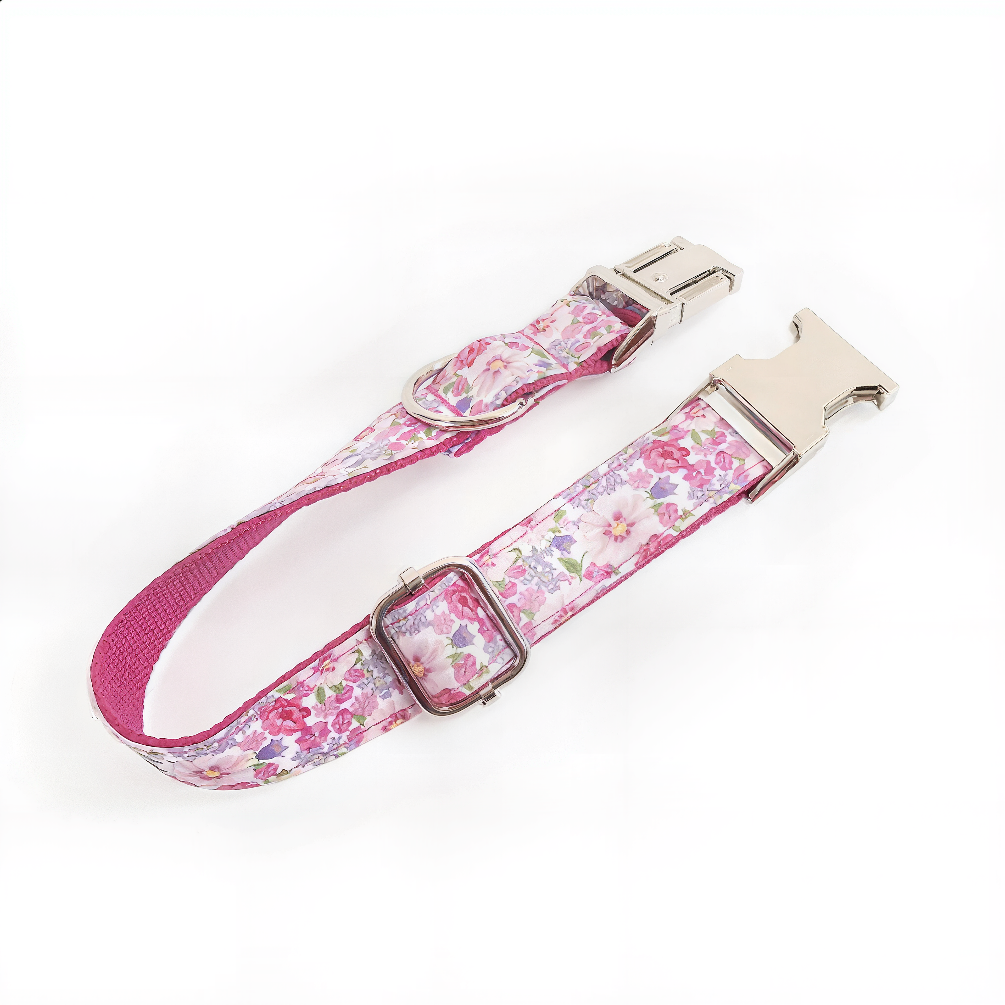 Floral patterned dog collar with pink accents on a white background